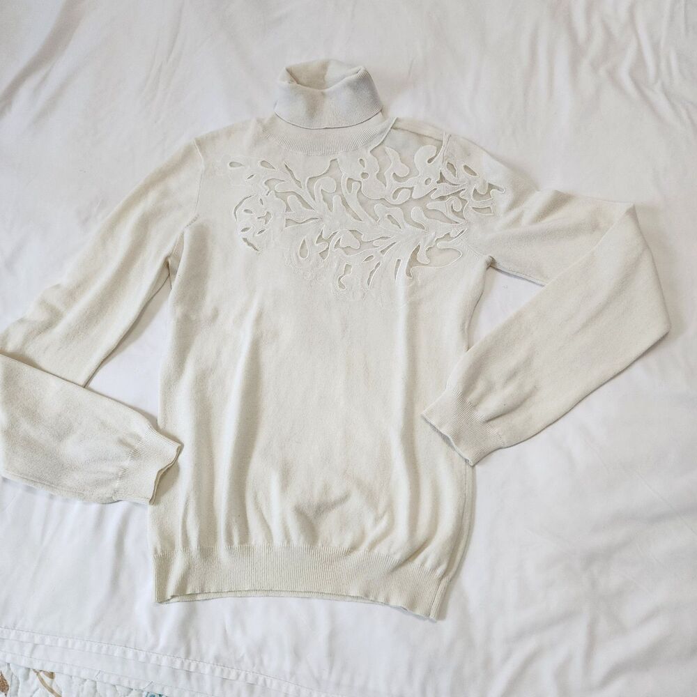 80s Cream Ivory Turtleneck Sweater Cut Out Floral Design with Mesh Glam Formal